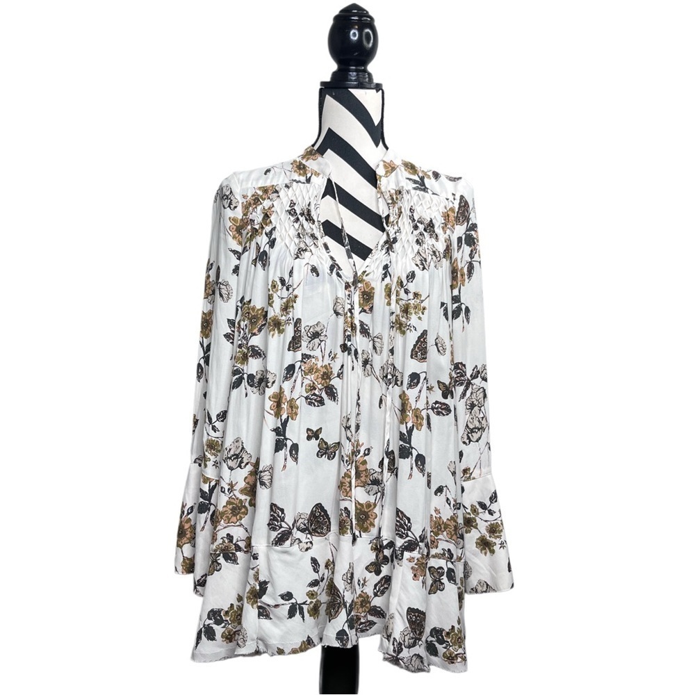 Free People Pebble Crepe So Fine Smocked Sz XS Floral Tunic Top